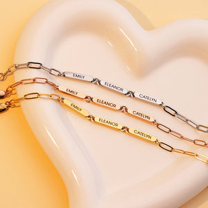 Personalized Family Name Bar Bracelet Engraved Charm with a Dainty Paperclip Chain