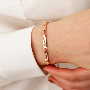 Personalized Family Name Bar Bracelet Engraved Charm with a Dainty Paperclip Chain