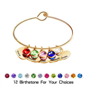 Personalized Name & Birthstone Family Bangle Heart Bracelet - For Mom/Grandma