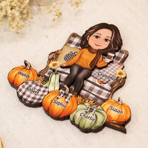 Grandma Sitting On Chair Pumpkins Personalized 2-Layer Wooden Plaque, Fall Season Decor