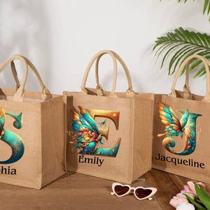 Personalized Coral Magnificent Butterfly Letter Name Jute Tote Bag