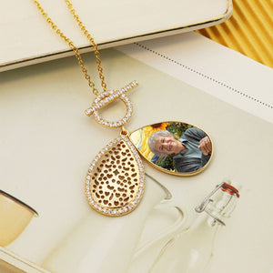 Personalized Water Drop Shape Stained Glass Background Photo Box Necklace