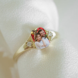 Personalized Stained Glass Background Photo Birthstone Ring