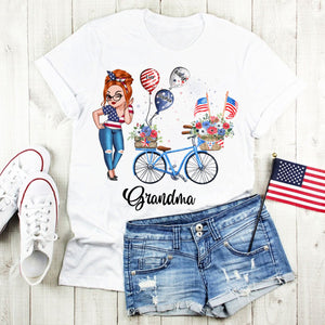 Personalized T-Shirt - 4th of July Grandma Mom Bike With Little Balloon Kids