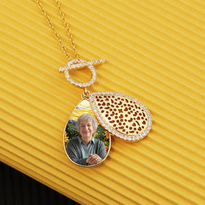 Personalized Water Drop Shape Stained Glass Background Photo Box Necklace