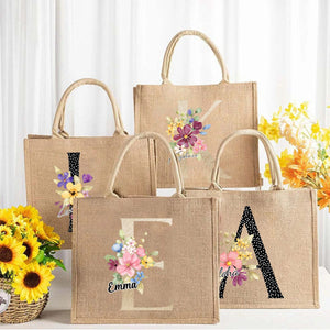 Personalized Alphabet Letter Floral Monogram Name Jute Tote Bag