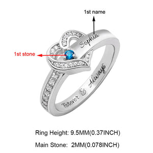 Heart Engraved Name and Birthstone Ring for Women Personalized 925 Sterling Silver Ring