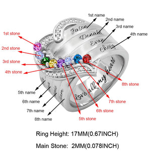 Heart Engraved Name and Birthstone Ring for Women Personalized 925 Sterling Silver Ring