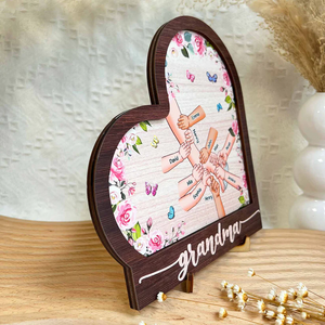 Personalized Grandma Holding Hand With Grandkids Heart Shaped Wooden Plaque