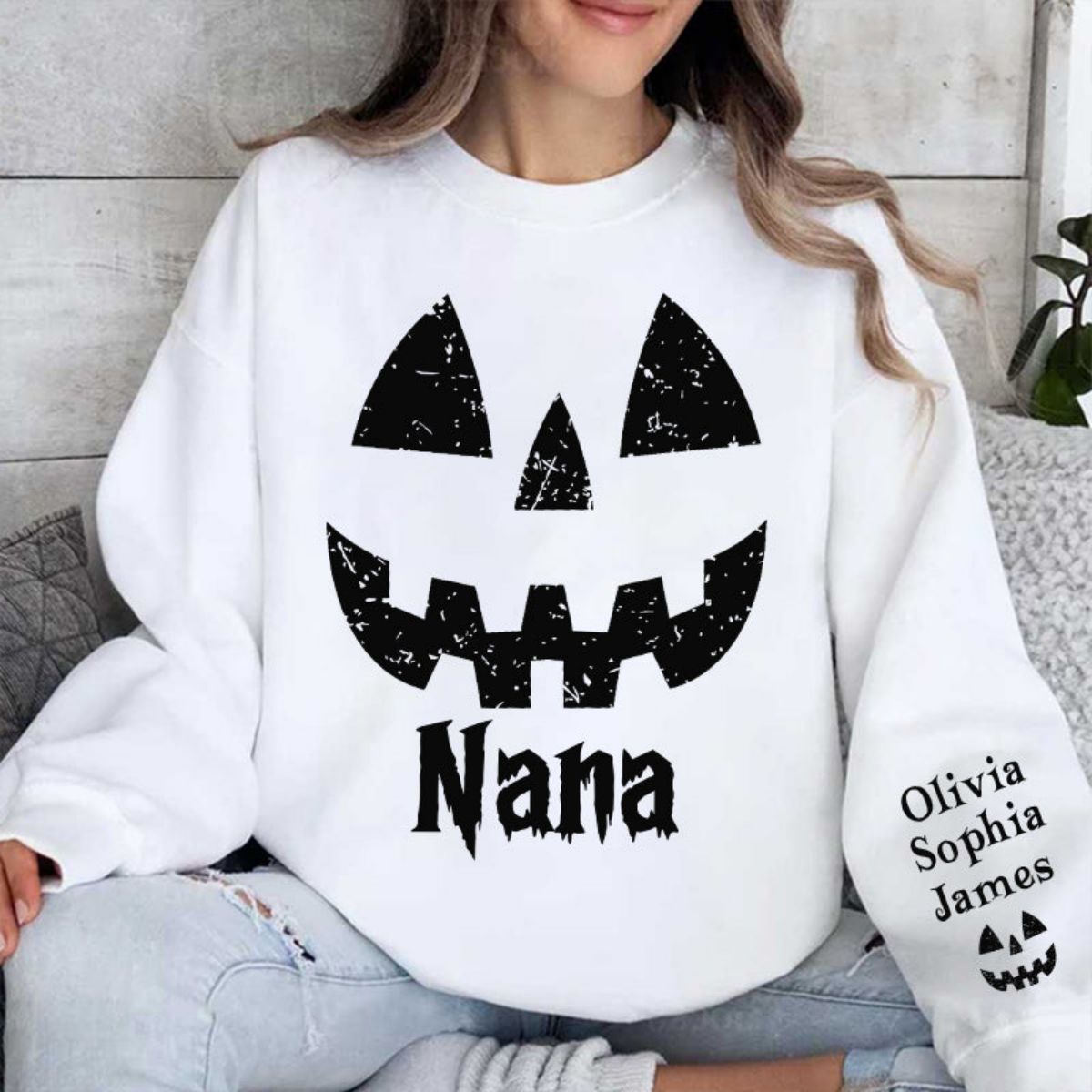 Halloween Pumpkin Grandma Nana Sleeve Custom Name Personalized Sweatshirt