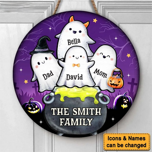 Family Potion Pot Boo - Personalized Halloween Round Wood Sign