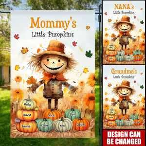 Grandma's Little Pumpkins Scarecrow Standing With Pumpkins Around Personalized Flag