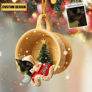 Personalized Pet Sleeping In A Tiny Cup Christmas Holiday Upload Photo Ornament-Gift For Pet Lover