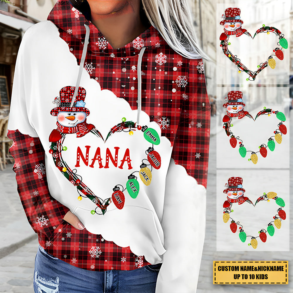 Christmas Heart Grandma Snowman With Christmas Light Kids Personalized 3D Hoodie