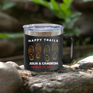 Happy Trails Adventure Awaits Hiking Camping Couple Gift - Personalized 14oz Stainless Steel Tumbler With Handle