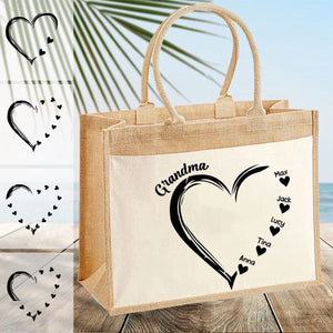 Personalized Heart Grandma and Grandkids Jute Tote Bag