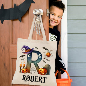 Personalized Halloween Trick Or Treat Candy Monogram Canvas Tote Bag For Kids