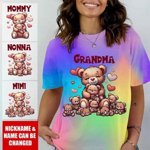 Personalized Grandma Bear With Cute Grandkids Rainbow 3D T-Shirt