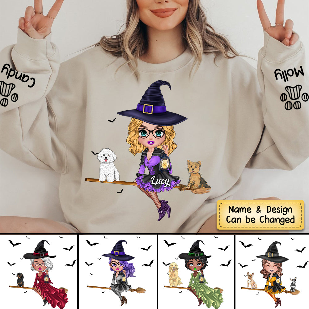 Witch Riding Broom Mystical Girl With CuteDog Puppy Pet Personalized Sweatshirt