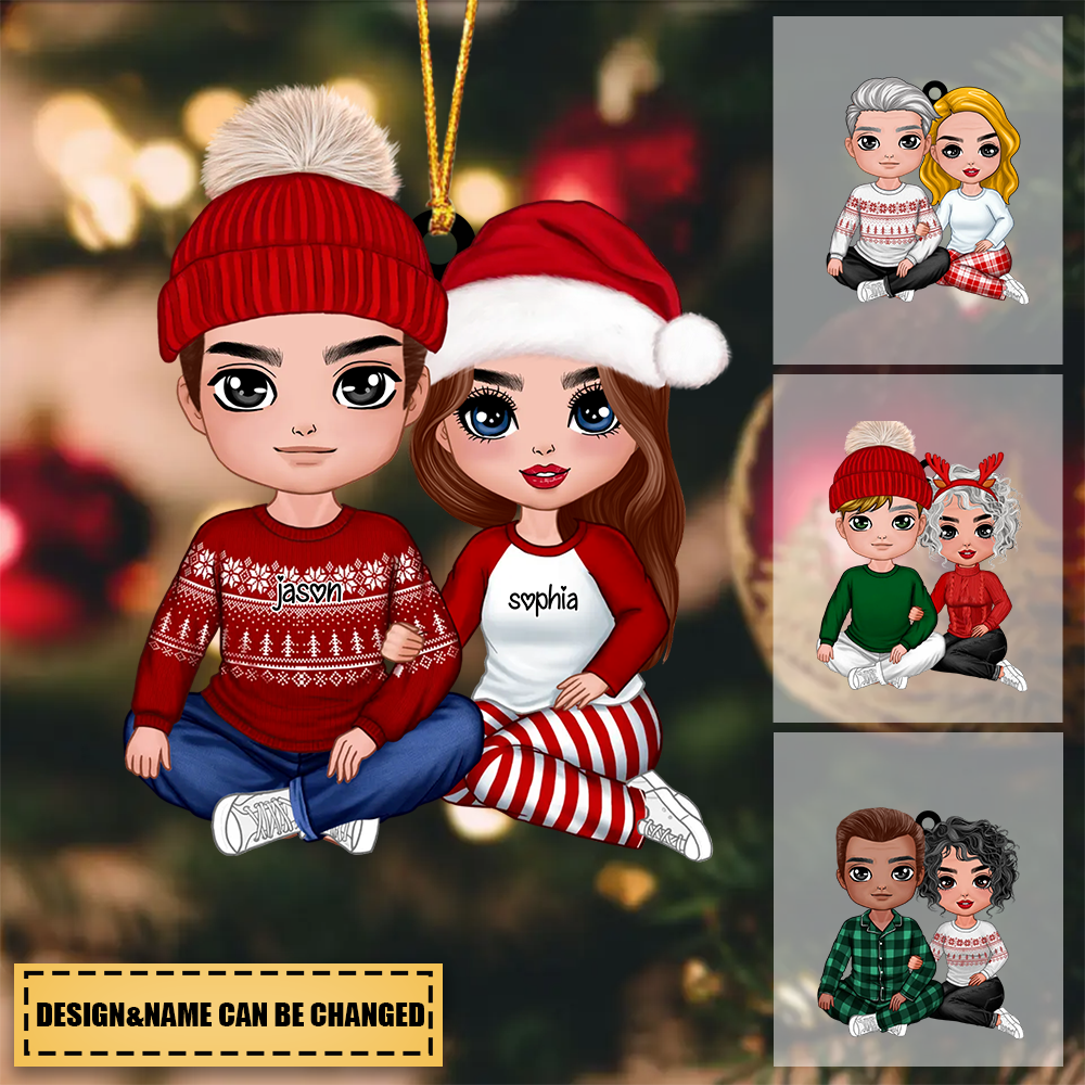 Christmas Doll Couple Sitting Hugging Personalized Acrylic Ornament