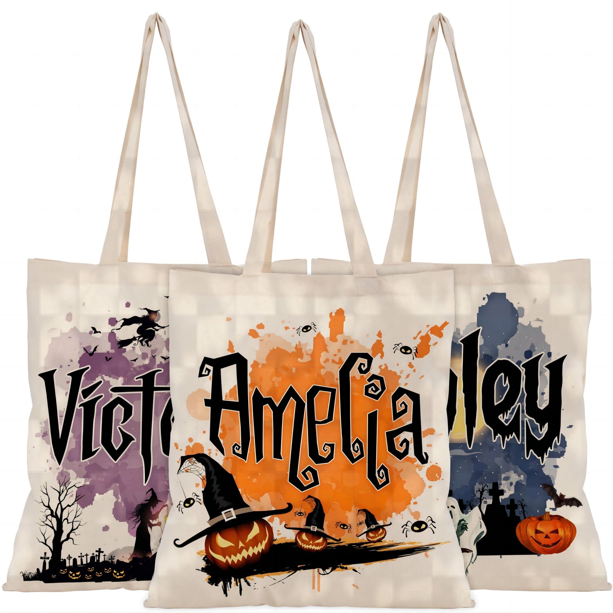 Personalized Halloween  Canvas Tote Bag - Pumpkin Witch Black Cat Castle Skeleton Ghost