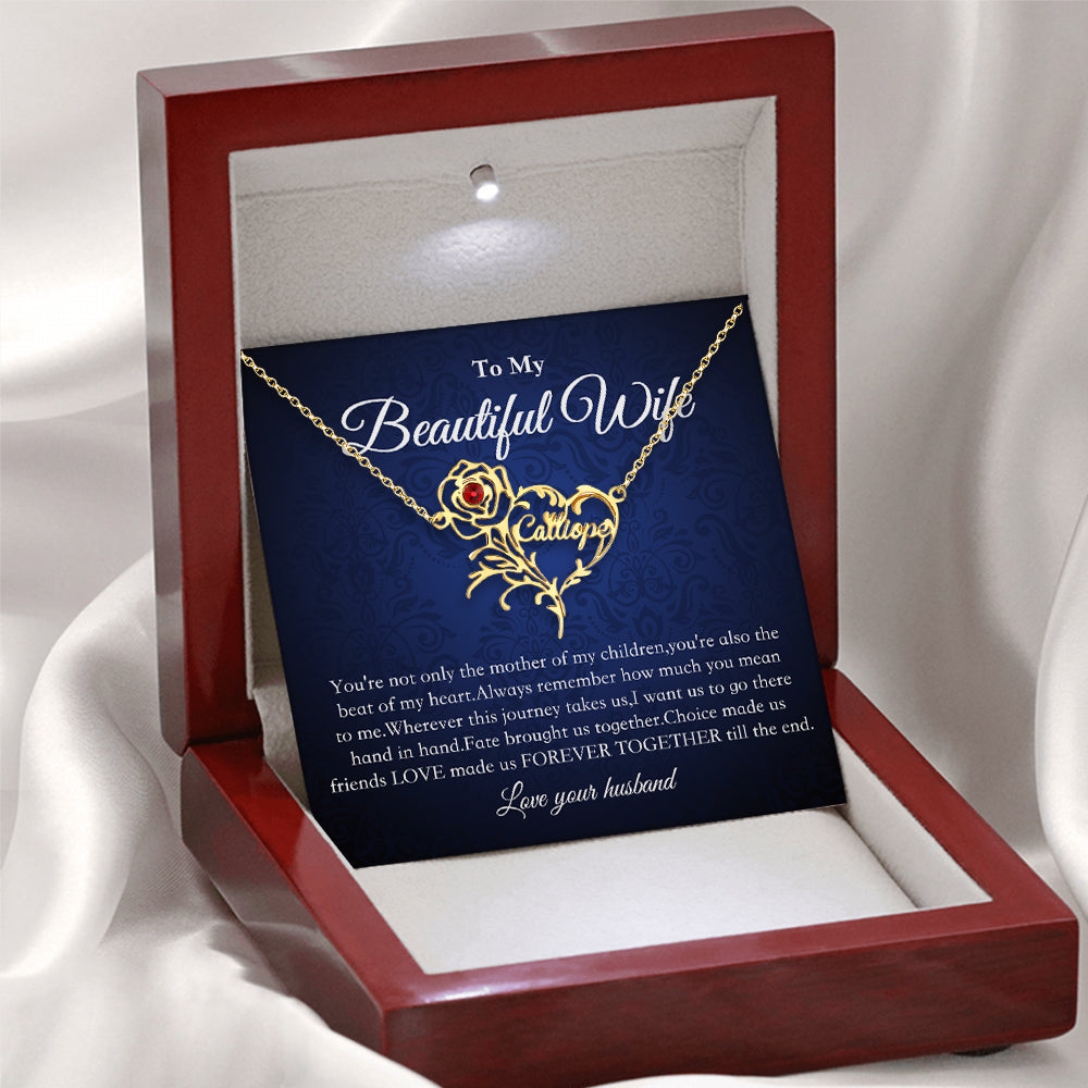 To My Beautiful Wife-Personalized Name Birthstone Rose Heart Shape Necklace