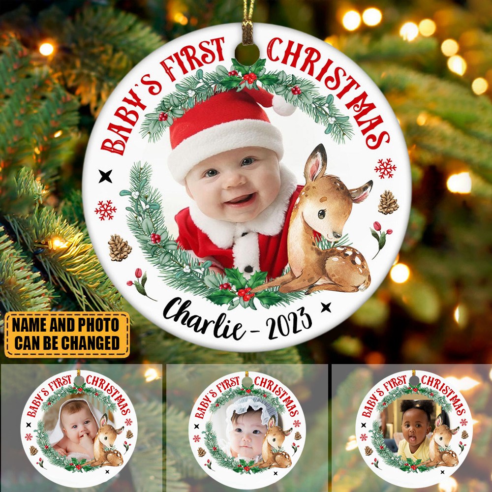 Photo Deer Baby's First Christmas Circle Ornament