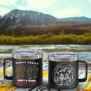 Happy Trails Adventure Awaits Hiking Camping Couple Gift - Personalized 14oz Stainless Steel Tumbler With Handle