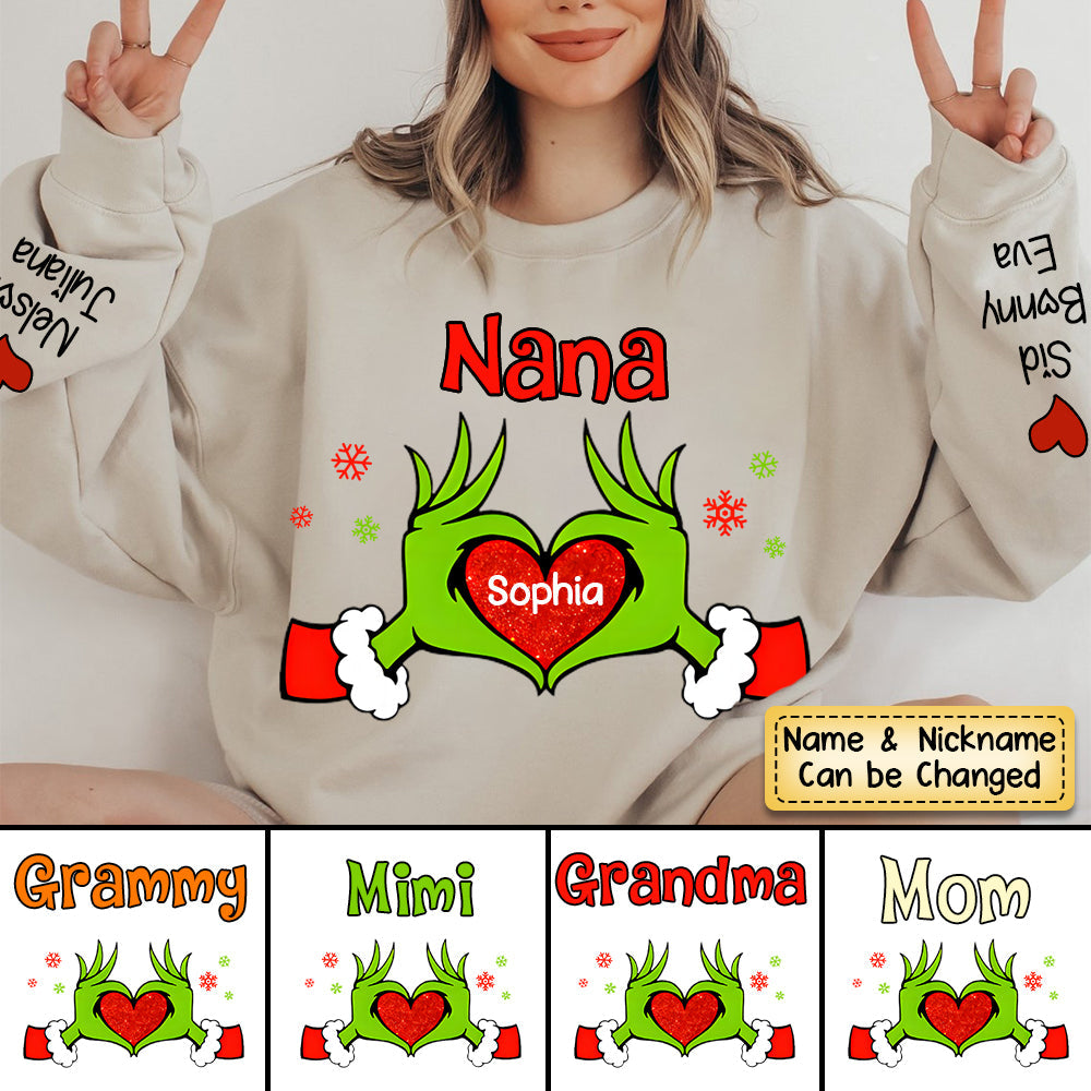 Personalized Heart Grandma Green Christmas Sweatshirt