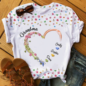 Personalized Grandma Mom Kids Heart Floral Print T-Shirt