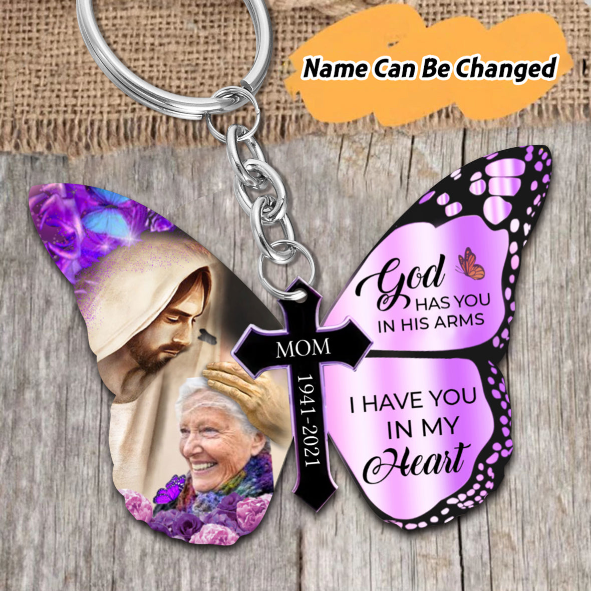 God Has You In His Arms Personalized Butterfly Keychain