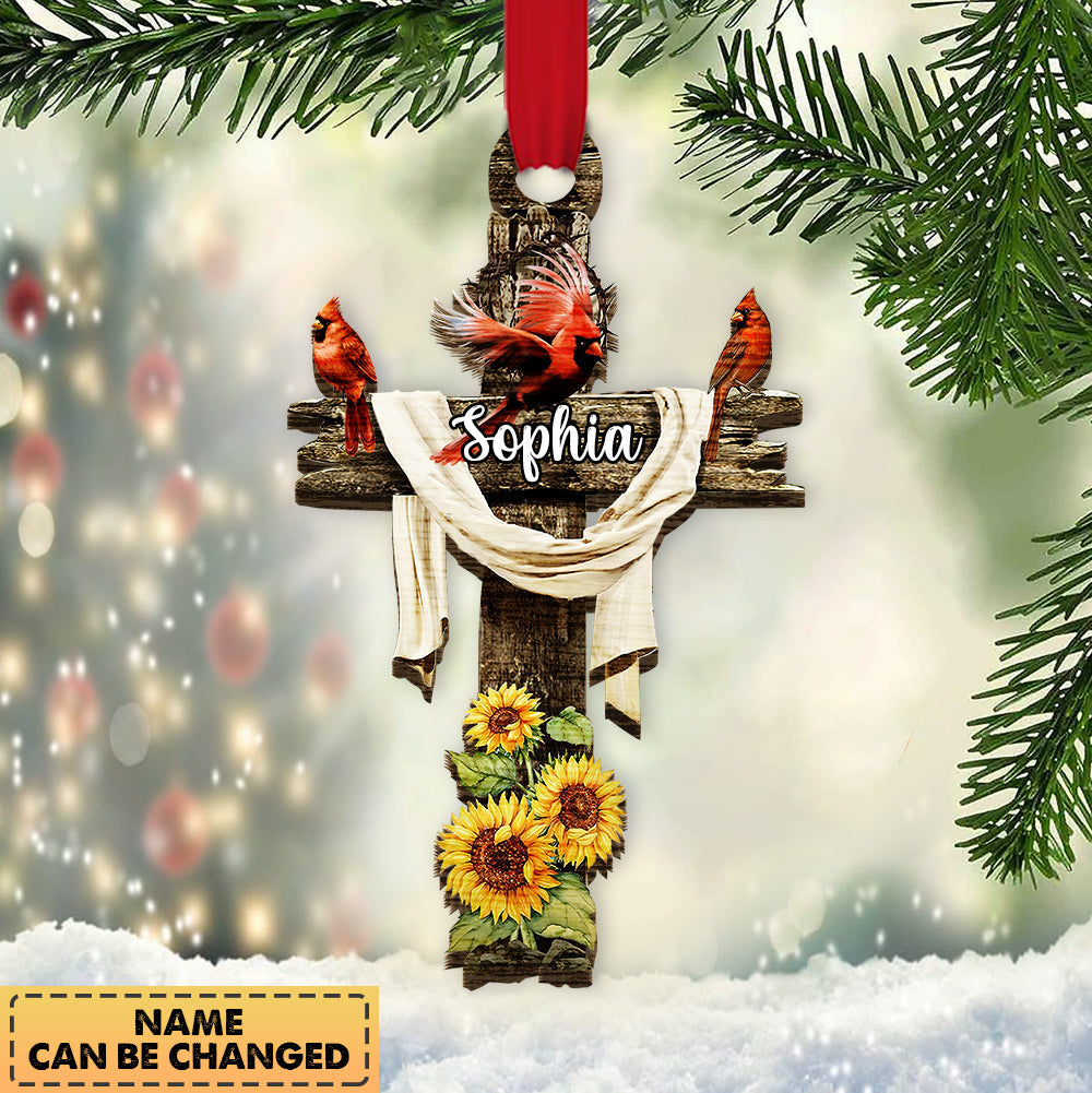 Faith Old Cross Cardinal Sunflower Personalized Ornament