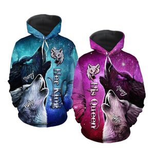 Wolf Couple Her King His Queen Valentine Gift Couple Matching 3D Hoodie