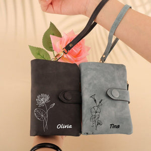 Personalized Tri-Fold Birth Flower Leather Wallet Card Holder