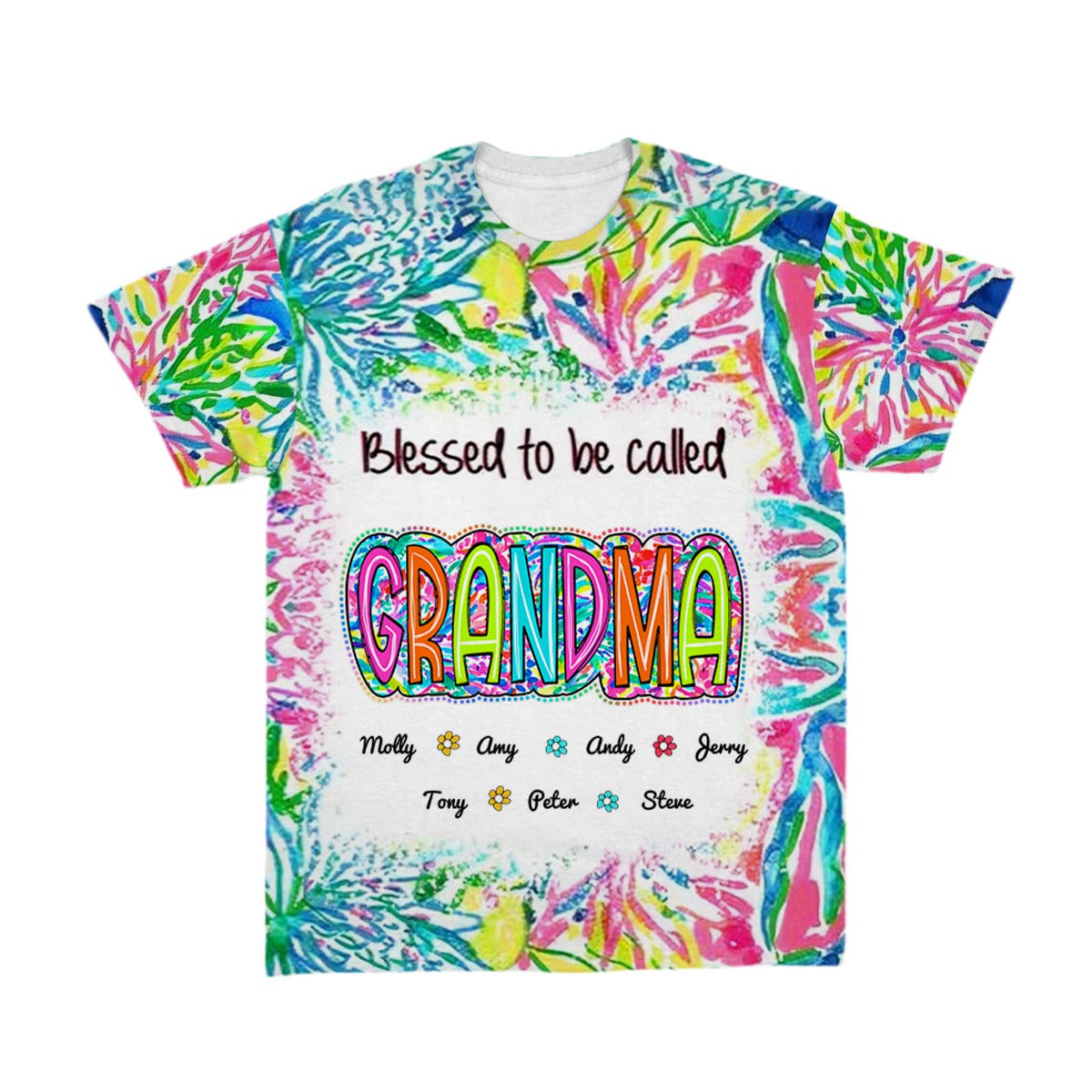 Personalized 3D Scribble Doodle Spandex T-shirt - Blessed to be called Grandma Nana Gigi