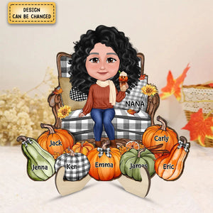 Grandma Sitting On Chair Pumpkins Personalized 2-Layer Wooden Plaque, Fall Season Decor