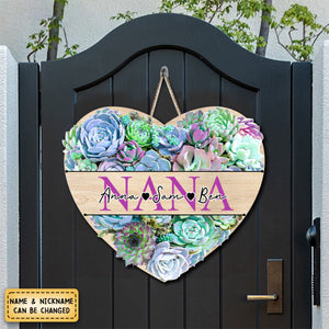 Personalized Grandma With Kid's Names Stone Lotus Heart Shape Wooden Sign