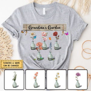 Personalized Grandma's Garden Birth Month Flowers Pots Pure Cotton T-shirt