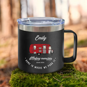 Home Is Where We Park It Camping- Camper Couple Gift - Personalized 14oz Stainless Steel Tumbler With Handle