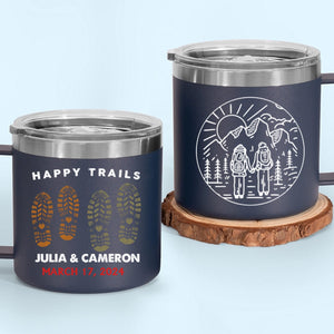 Happy Trails Adventure Awaits Hiking Camping Couple Gift - Personalized 14oz Stainless Steel Tumbler With Handle