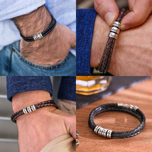 Personalized Men Braided Leather Bracelet with Small Custom Beads