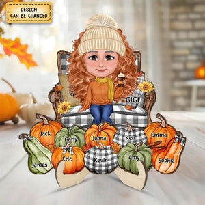 Grandma Sitting On Chair Pumpkins Personalized 2-Layer Wooden Plaque, Fall Season Decor