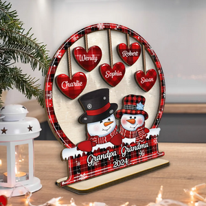 Snowman Papa Nana Heart Kids Snowball Christmas Decor - Personalized 2-Layered Wooden Plaque