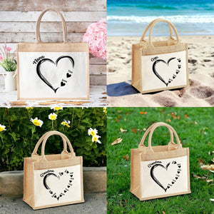 Personalized Heart Grandma and Grandkids Jute Tote Bag