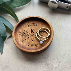 Personalized Round Wood Ring Dish, Engagement Ring Holder, Wedding Ring Dish