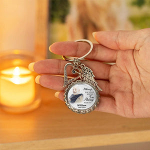 Personalized Memorial Photo Small Disc Keychain With Wings Heart Charm