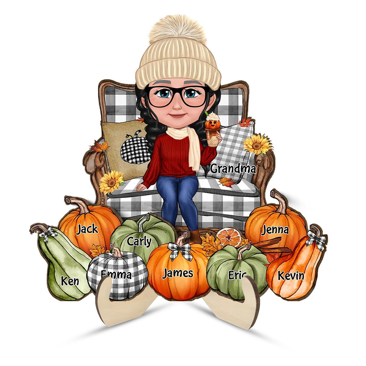 Grandma Sitting On Chair Pumpkins Personalized 2-Layer Wooden Plaque, Fall Season Decor