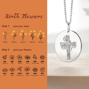 Personalized Engraved Cross Name Necklace with Birth Flower