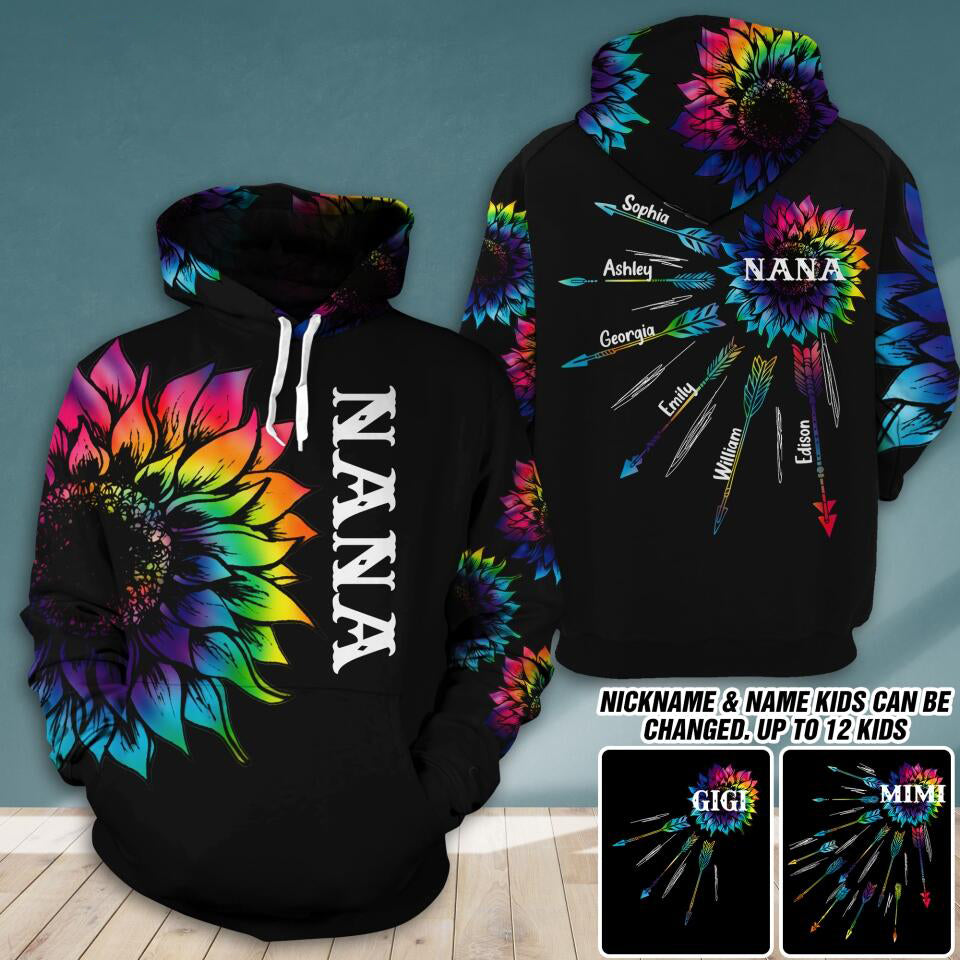 Personalized Grandma Mom with Kid Name Tie Dye Sunflower Hoodie