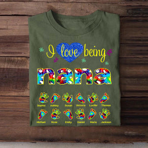 Personalized I Love Being Nana Grandma Title Hand Foot Kid Name T-Shirt